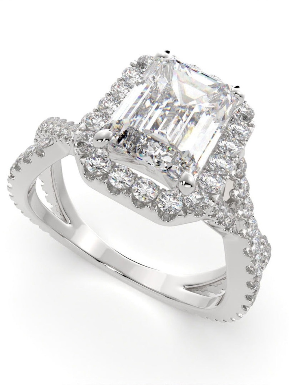 1.85ct Lab Diamond 18k White Gold Halo Emerald-Cut Cubic Engagement Ring